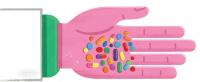 Illustration of a pink hand holding a variety of colorful pills.